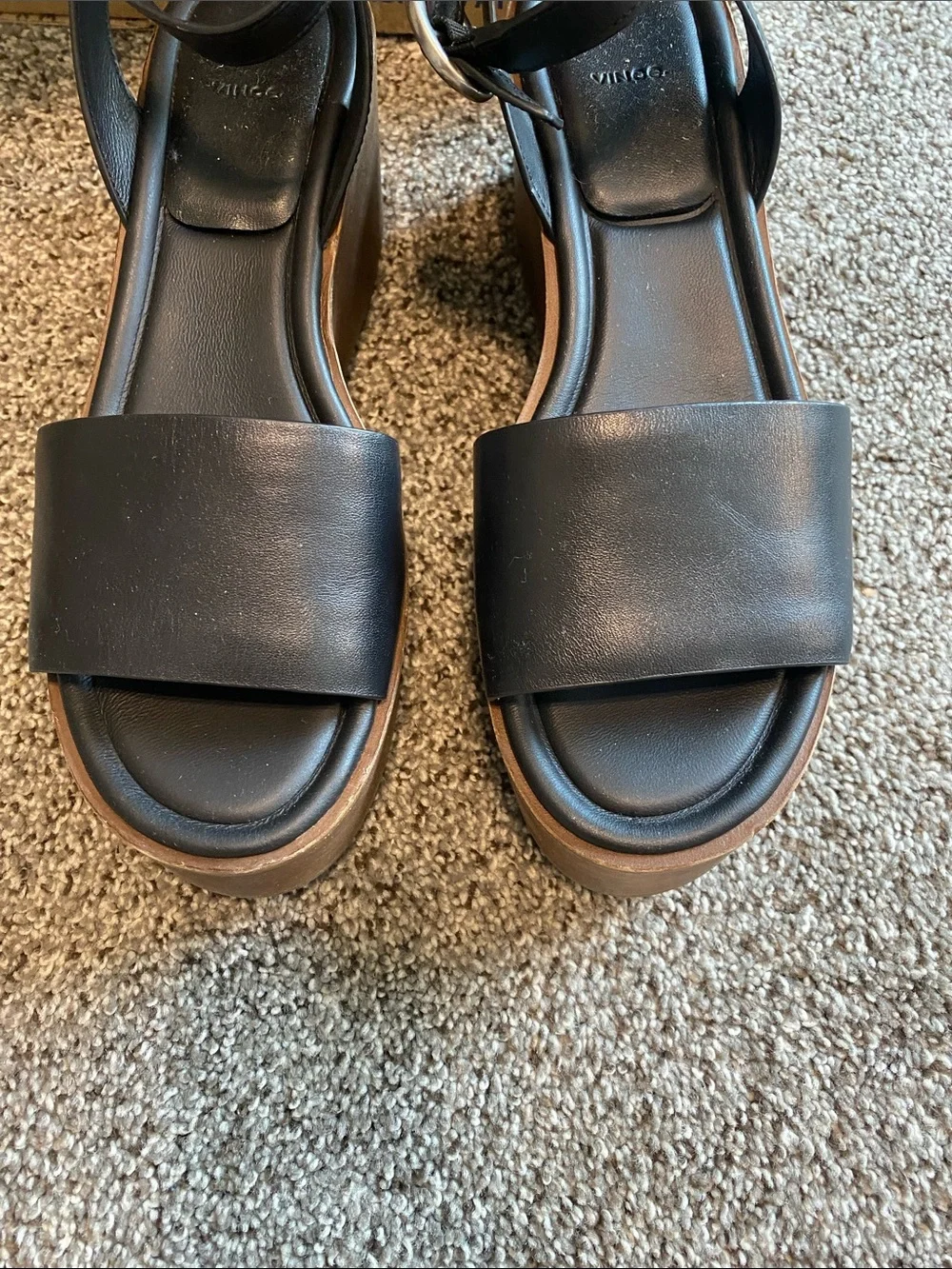Vince Black Leather Ankle-Strap Wedge Sandals with Brown Platform